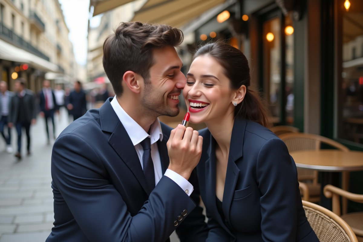 Jeune couple s’embrassant dans un café parisien