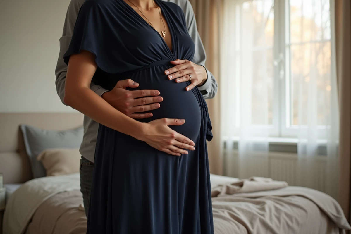 Couple attendant un bébé tenant ensemble un bola de grossesse en or rose dans une chambre