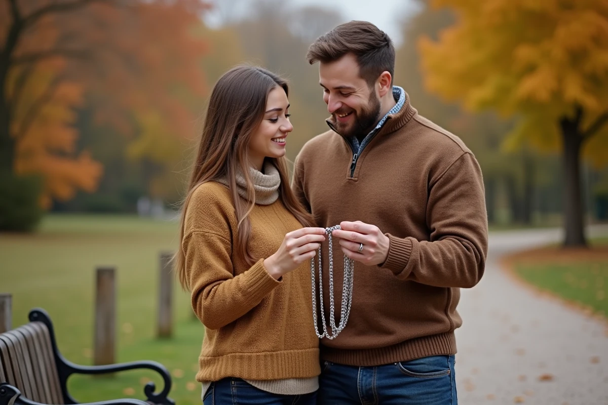 Couple aidant à démêler un collier en argent dans un parc en automne, évoquant la signification spirituelle des liens dans une relation amoureuse