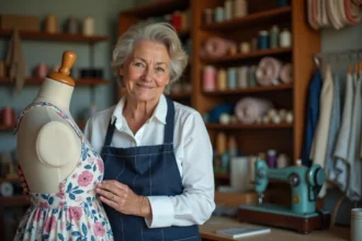 Couturière retouchant l'ourlet d'une robe dans un atelier de retouche artisanal avec fils et tissus colorés