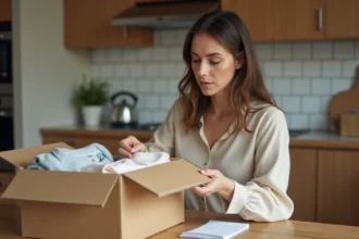 Femme déballant une commande vestimentaire reçue de Thebradery.com sur une table en bois dans une cuisine moderne