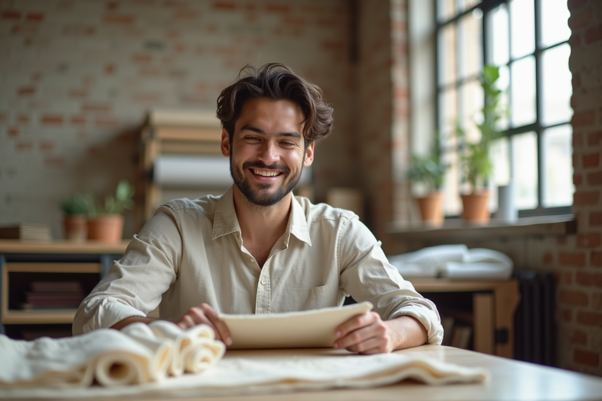 Designer de mode examinant des échantillons de tissus durables
