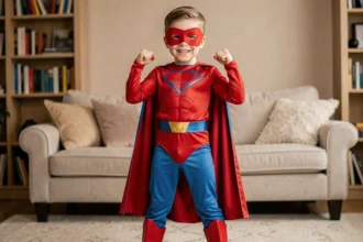 Jeune garçon déguisé en super-héros rouge et bleu avec cape et masque, pose héroïque dans un salon familial