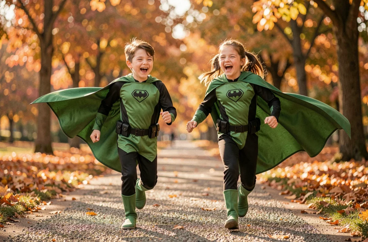 Deux enfants en costumes de super-héros verts et noirs courant joyeusement dans un parc aux couleurs d'automne avec leurs capes au vent