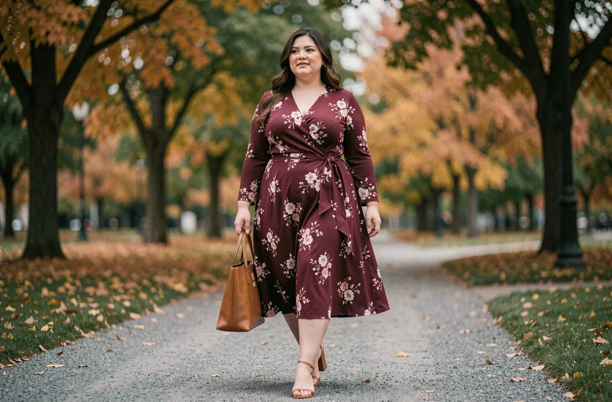 Femme grande taille en robe fleurie bordeaux se promenant dans un parc urbain automnal