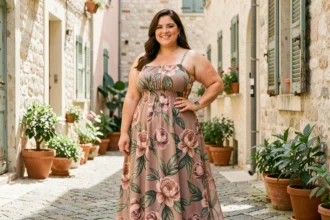 Femme grande taille portant une robe maxi fleurie rose et verte dans une ruelle pavée ensoleillée