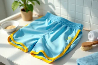 Short de bain Ricard posé sur un plan de salle de bain avec accessoires de lavage : brosse douce, détergent et serviette blanche