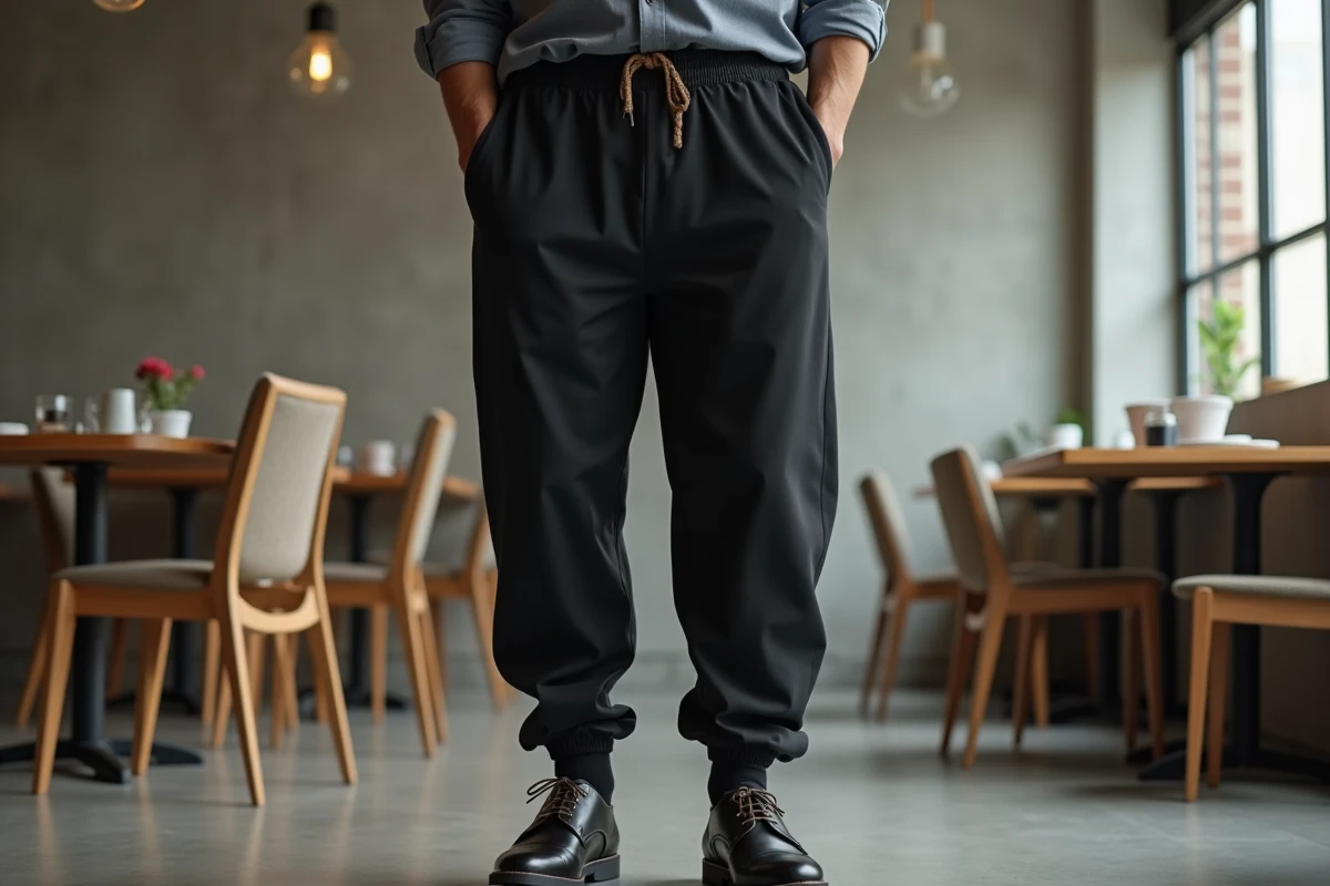 Homme illustrant une erreur de style avec un sarouel jogging noir mal assorti à une chemise formelle et des chaussures Oxford dans un café moderne