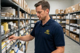 Facteur en tenue professionnelle La Poste triant le courrier dans un centre de tri moderne