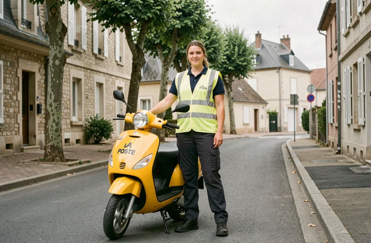 Factrice en tenue réglementaire La Poste devant un scooter de livraison dans une rue résidentielle française