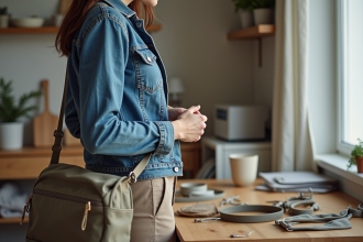 Femme en denim ajustant un sac en coton dans un intérieur scandinave