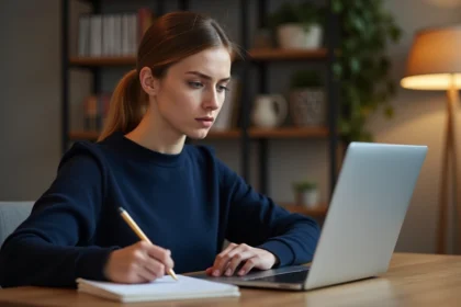 Femme analysant des fuites PINKGEEK sur son ordinateur portable dans un bureau à domicile moderne