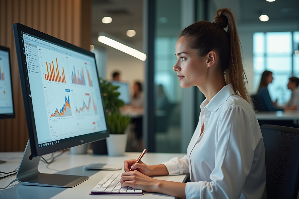 Femme en bureau analysant des graphiques colorés