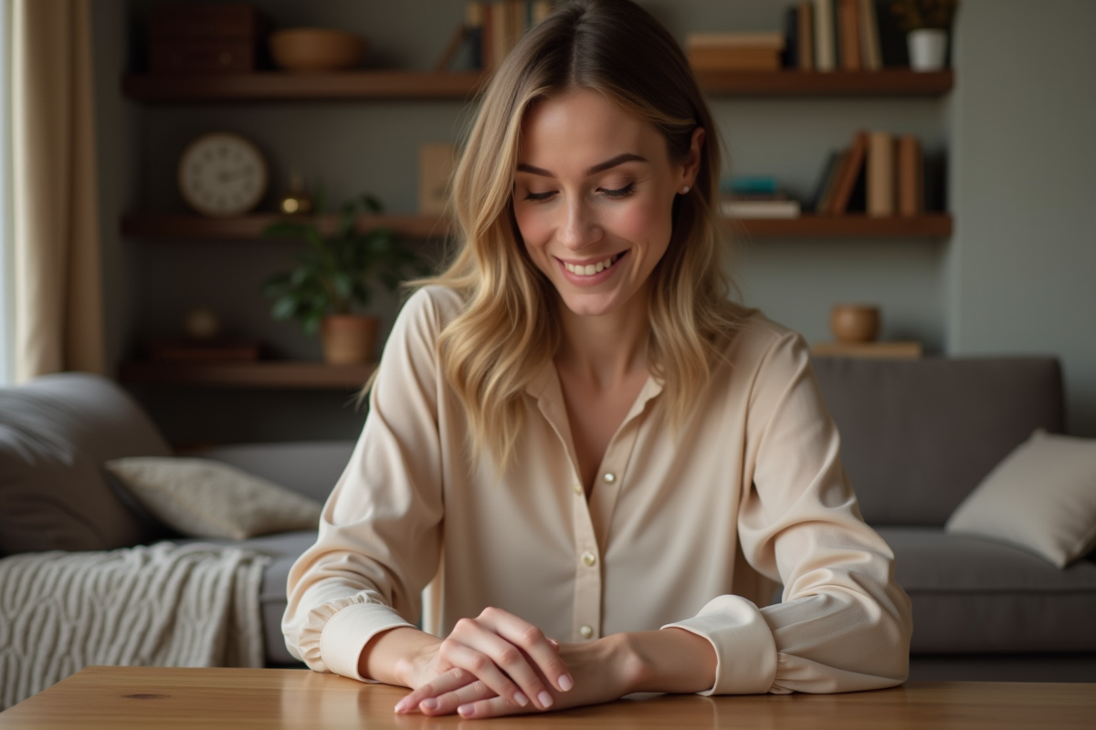 Femme en blouse beige posant avec un anneau élégant dans un intérieur chaleureux