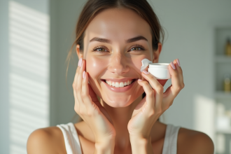 Femme souriante appliquant un balm sur la joue dans une salle de bain lumineuse