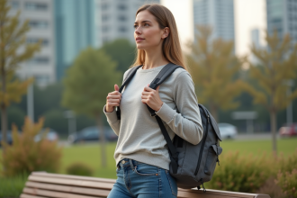 Femme ajustant un sac ergonomique en parc urbain