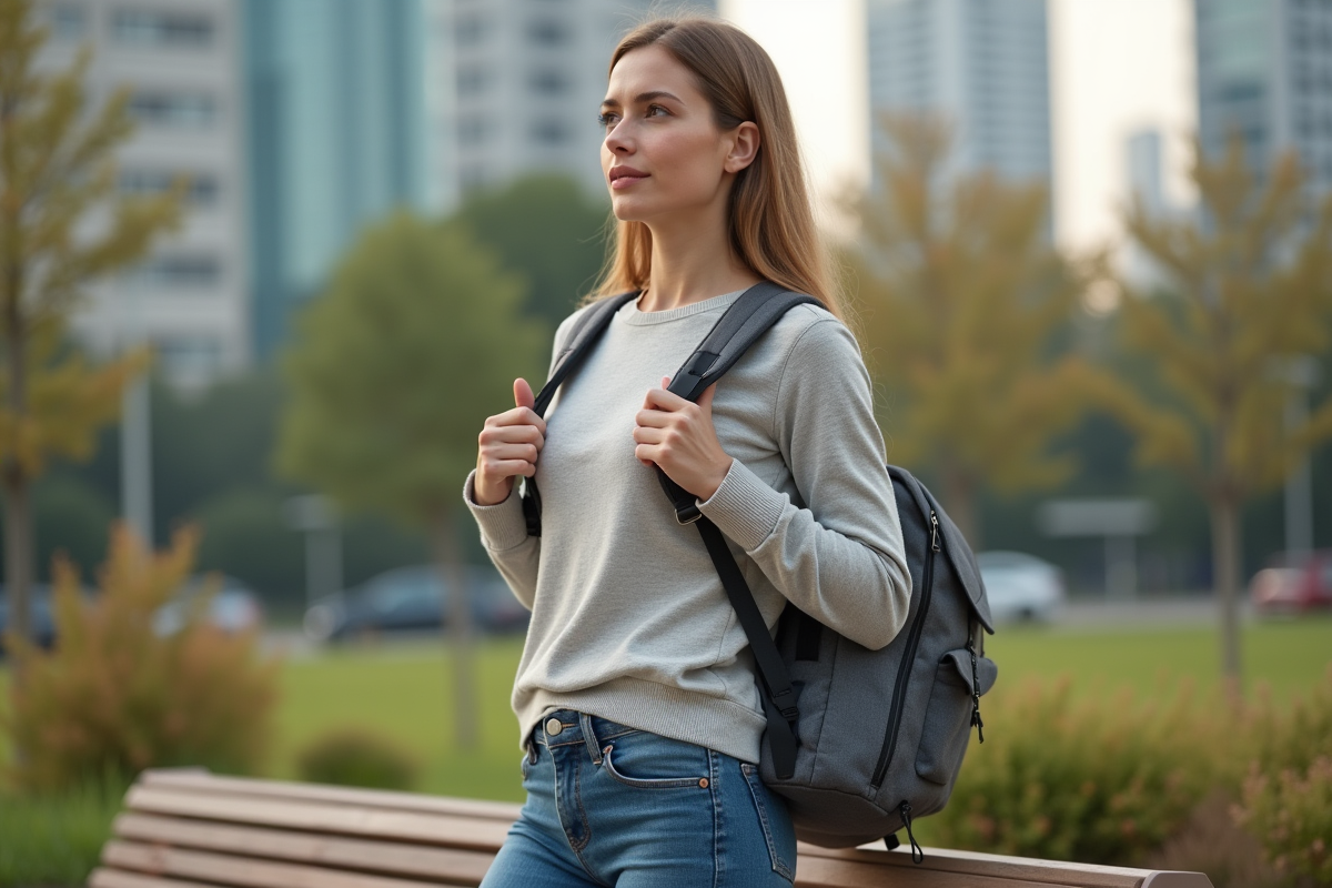 Femme ajustant un sac ergonomique en parc urbain