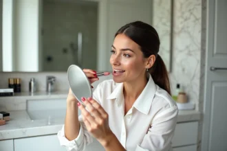 Femme confiante se regardant dans un miroir avec rouge à lèvres