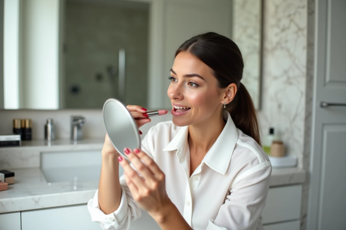 Femme confiante se regardant dans un miroir avec rouge à lèvres