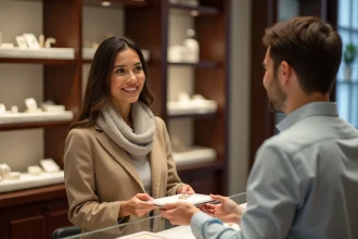 Femme élégante souriante dans une bijouterie raffinée