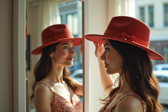 Femme dans une boutique moderne essayant un chapeau devant un miroir