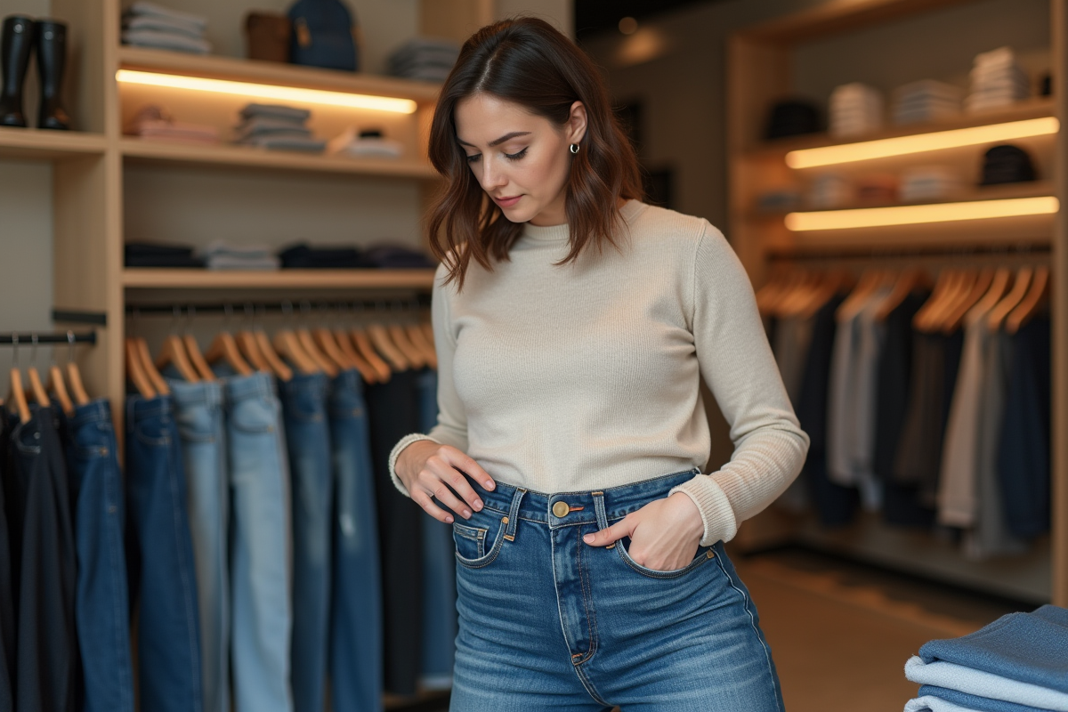 Femme en boutique essayant des jeans en taille différente