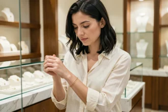 Femme examinant un bracelet doré en boutique de bijoux, alternative abordable au bracelet en or