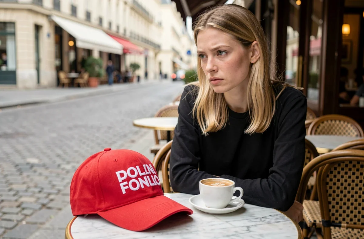 Femme assise en terrasse de café parisien, casquette politique rouge posée sur la table, expression pensive et hésitante