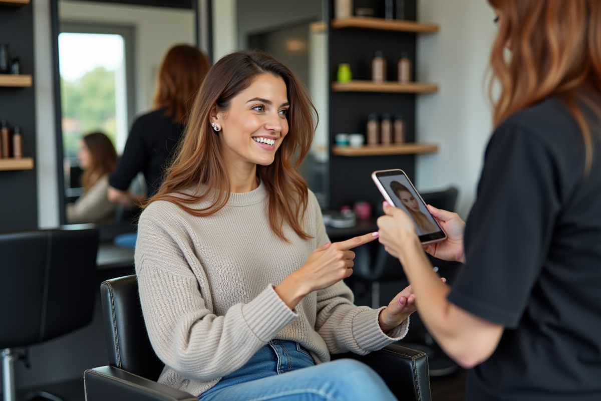 Femme discutant avec sa coiffeuse dans un salon moderne
