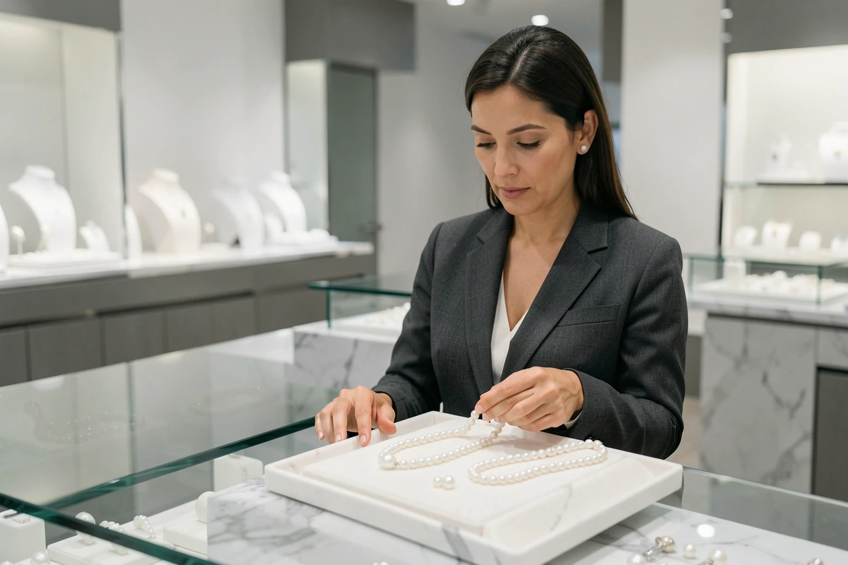 Femme élégante comparant deux colliers de perles de culture dans une bijouterie de luxe