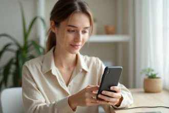 Femme tenant un smartphone avec une coque dotée d'un cordon intégré dans un bureau minimaliste moderne
