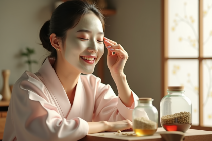 Femme coreenne en hanbok pastel appliquant un masque herbal