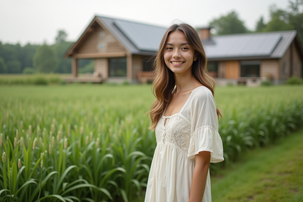 Jeune femme dans un champ de lin avec une robe en coton écologique