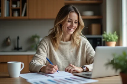 Femme souriante à la maison avec ordinateur et café