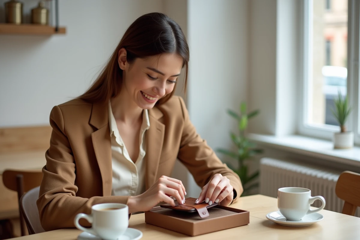 Femme souriante découvrant un portefeuille personnalisé dans une boîte cadeau dans un café scandinave