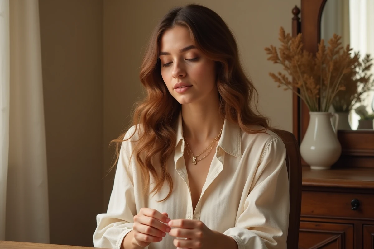 Femme démêlant un collier en or sur une coiffeuse en bois, symbolisant la patience et la connexion spirituelle dans les relations amoureuses