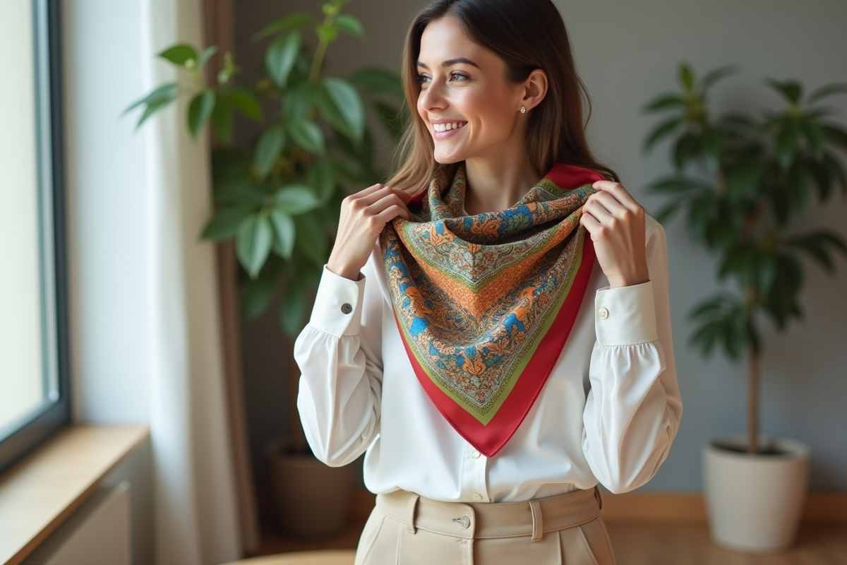 Femme élégante portant un foulard en soie coloré
