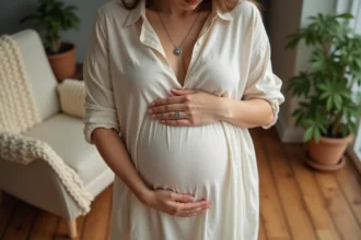 Femme enceinte tenant un bola de grossesse en argent contre son ventre dans un salon cosy
