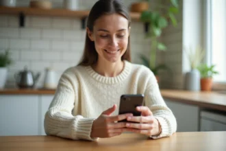 Femme consultant son espace habillement sur smartphone depuis sa cuisine
