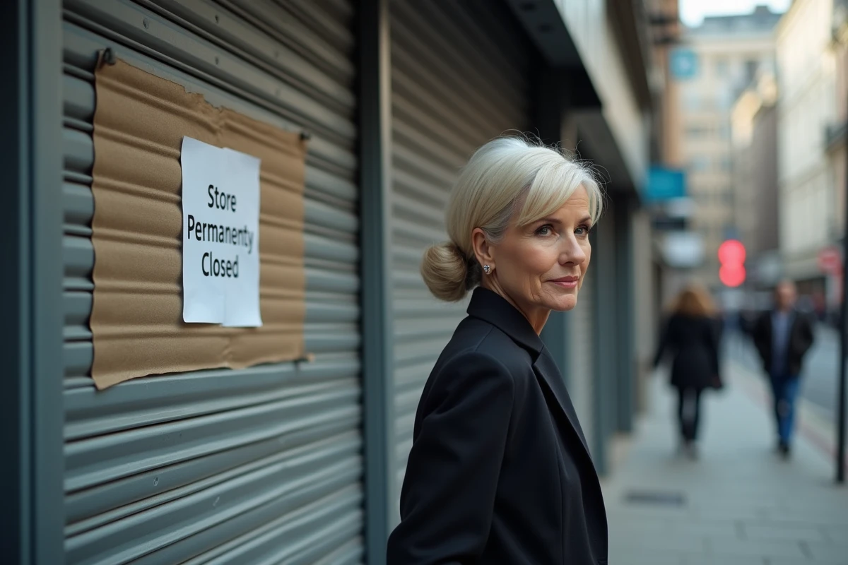 Femme pensante devant une boutique fermée