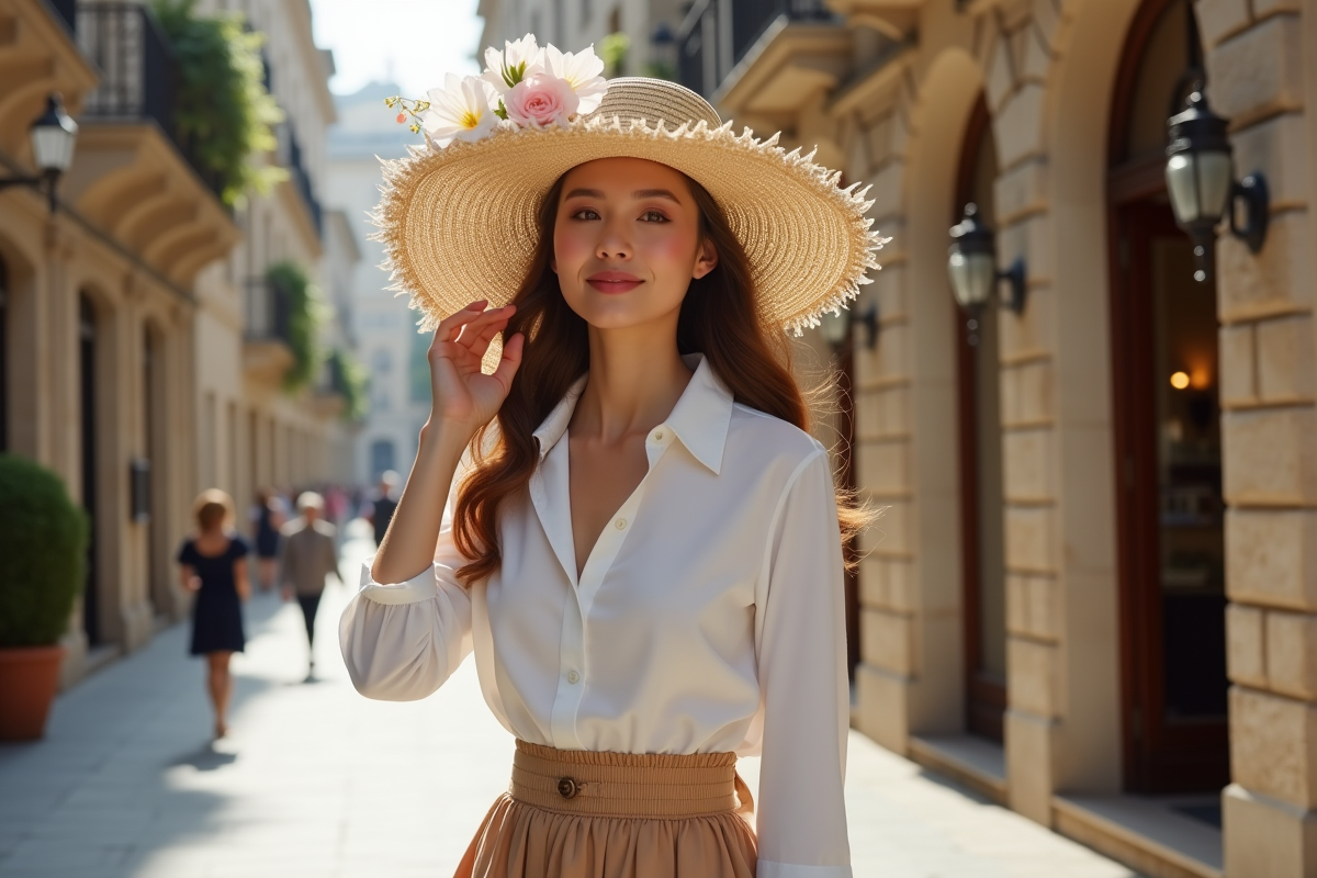 Jeune femme portant un chapeau en paille dans une rue européenne