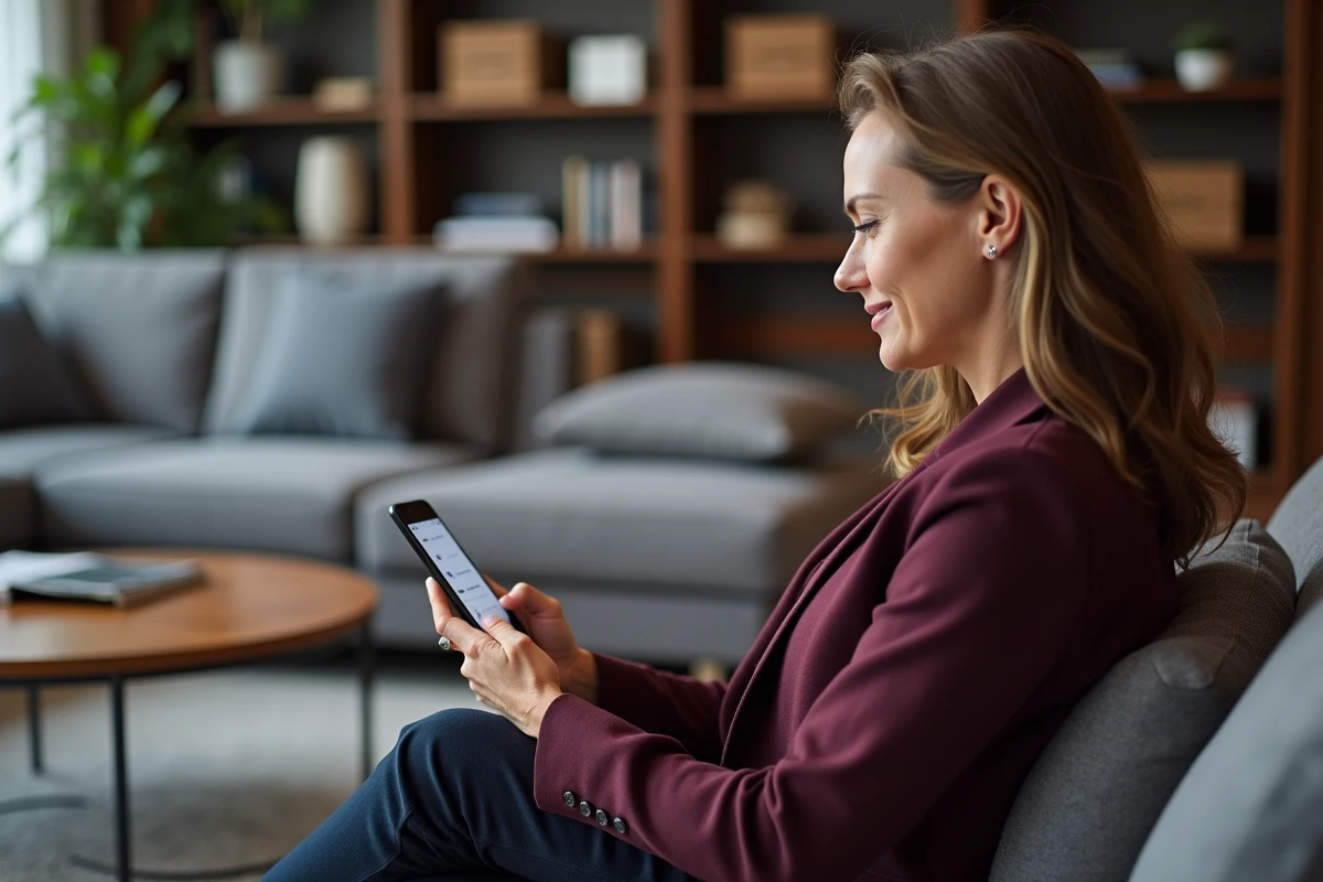 Femme qui consulte l'historique de ses commandes habillement sur mobile dans un salon