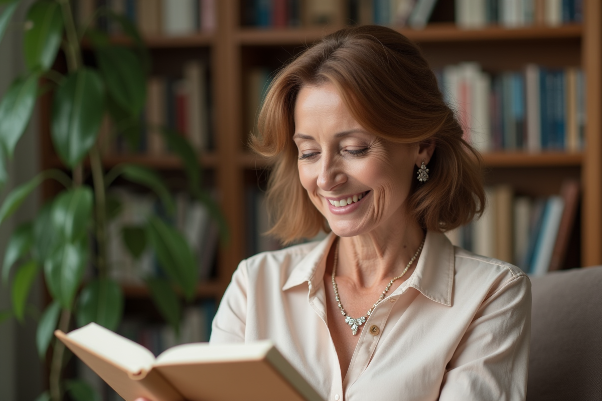 Femme élégante lisant un livre dans un salon chaleureux