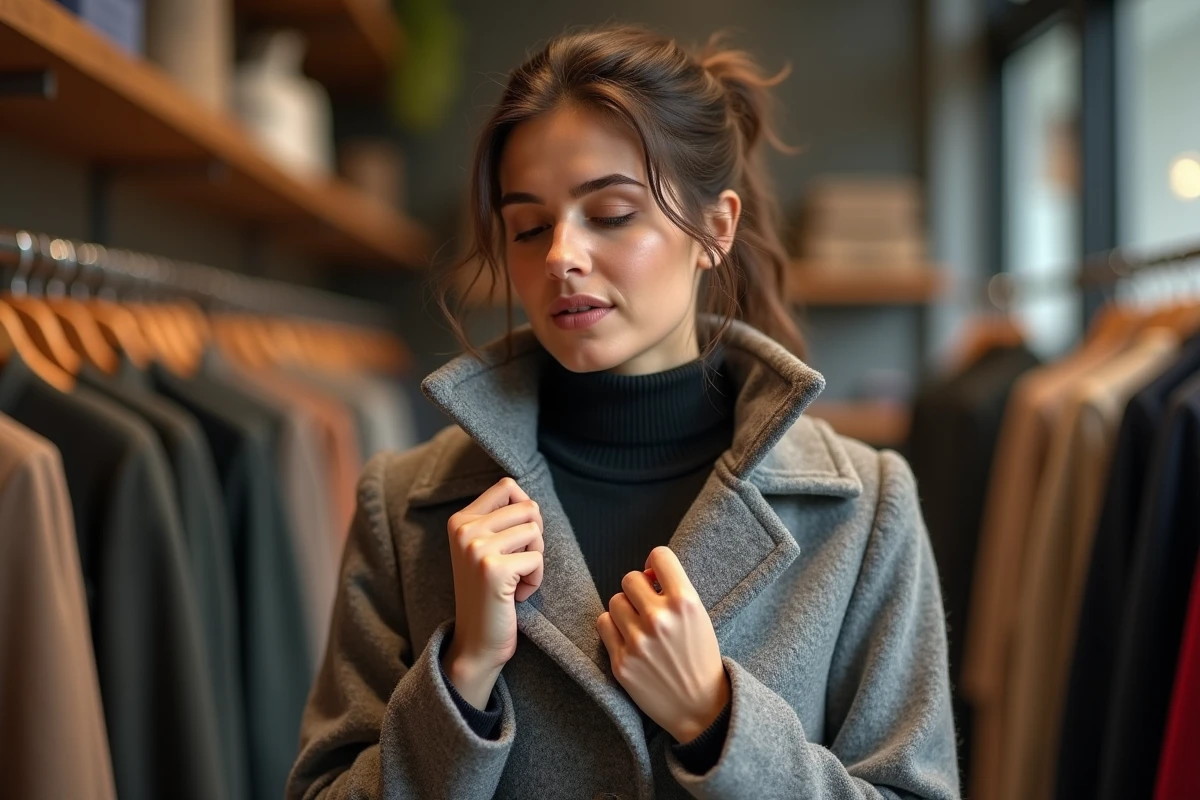 Femme examinant le col d'un manteau en laine à la boutique