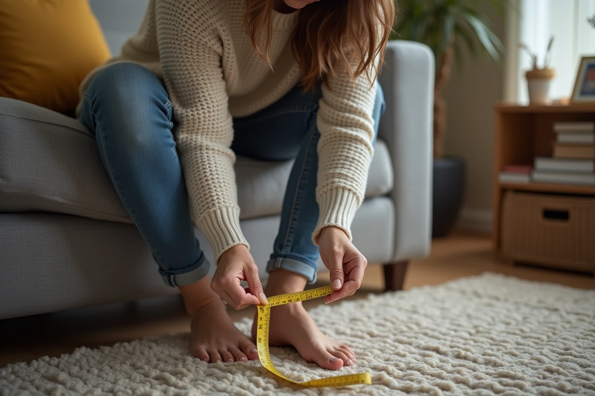 Femme mesurant son pied avec un ruban dans un salon cosy