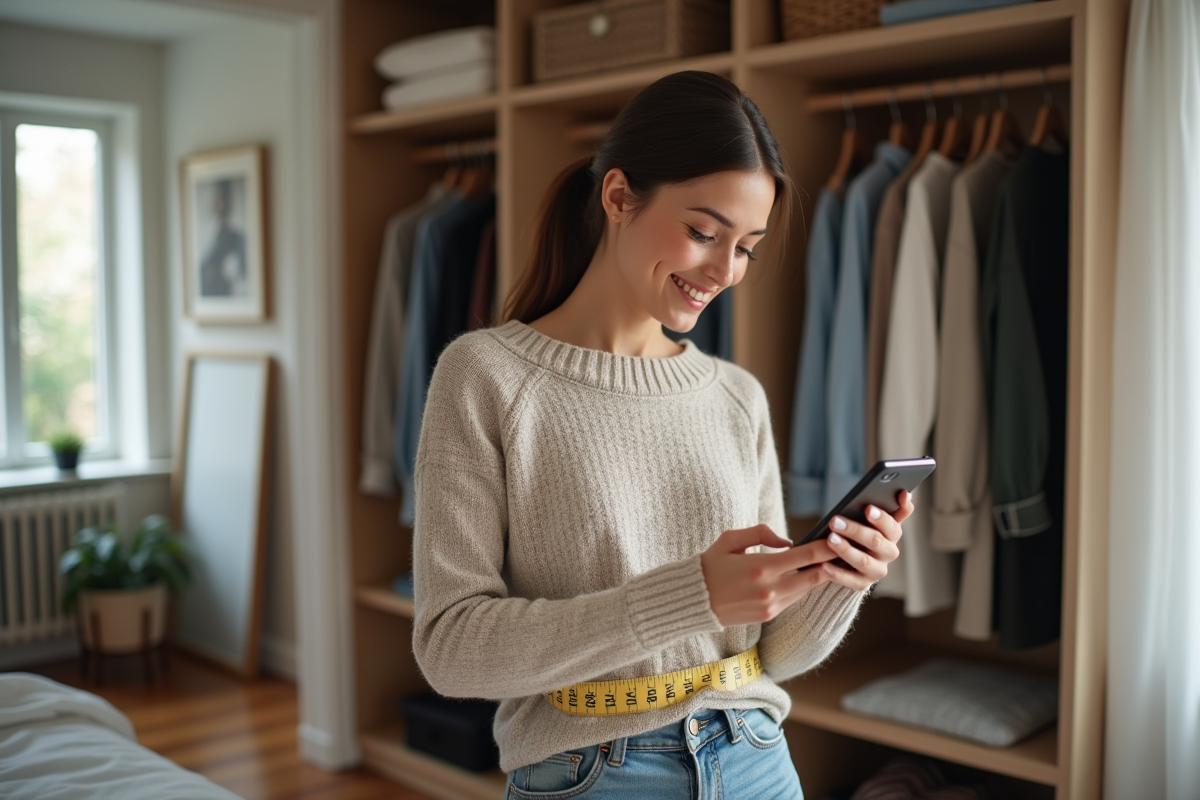 Jeune femme à la maison mesurant sa taille avec un ruban