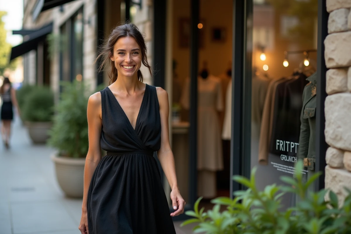 Femme élégante en robe noire dans une rue verte et moderne