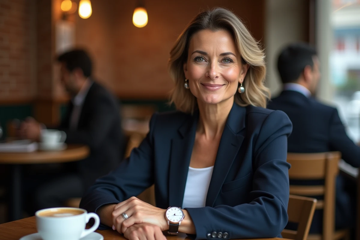 Femme élégante au café parisien portant une montre de style luxe accessible sur son poignet