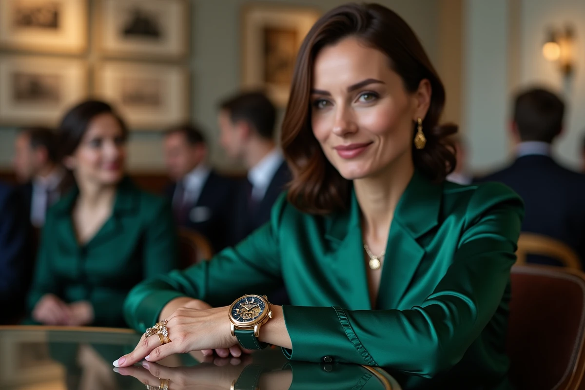 Femme élégante portant une montre tourbillon exceptionnelle lors d'une vente aux enchères privée de pièces horlogères rares