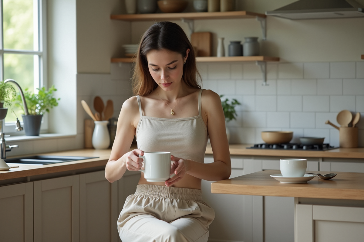 Femme pensant en buvant du thé dans sa cuisine